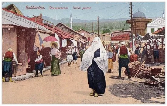 Baščaršija on a postcard from the Austro-Hungarian era, captioned in German and Bosnian: "Strassenszene / Ulični prizor" (street scene).