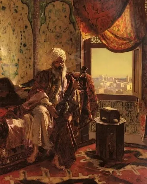 A hookah smoker in an Orientalist painting. Such paintings show how European artists imagined the scene; they are not documents.