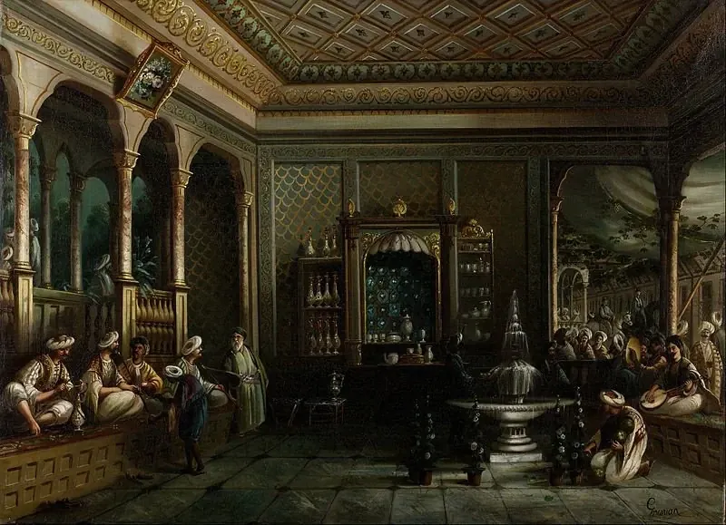 A coffeehouse in Istanbul's Tophane district, 19th century. On the left, guests smoke the hookah.