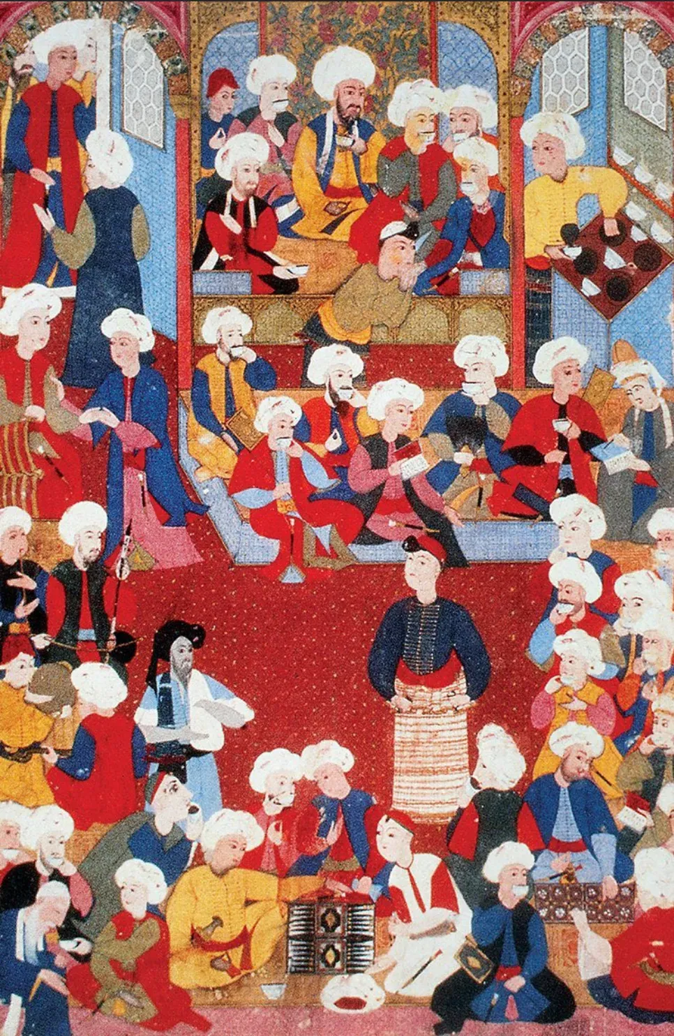 An Ottoman coffeehouse in a miniature from Istanbul, c. 1620: coffee, conversation, books and backgammon.